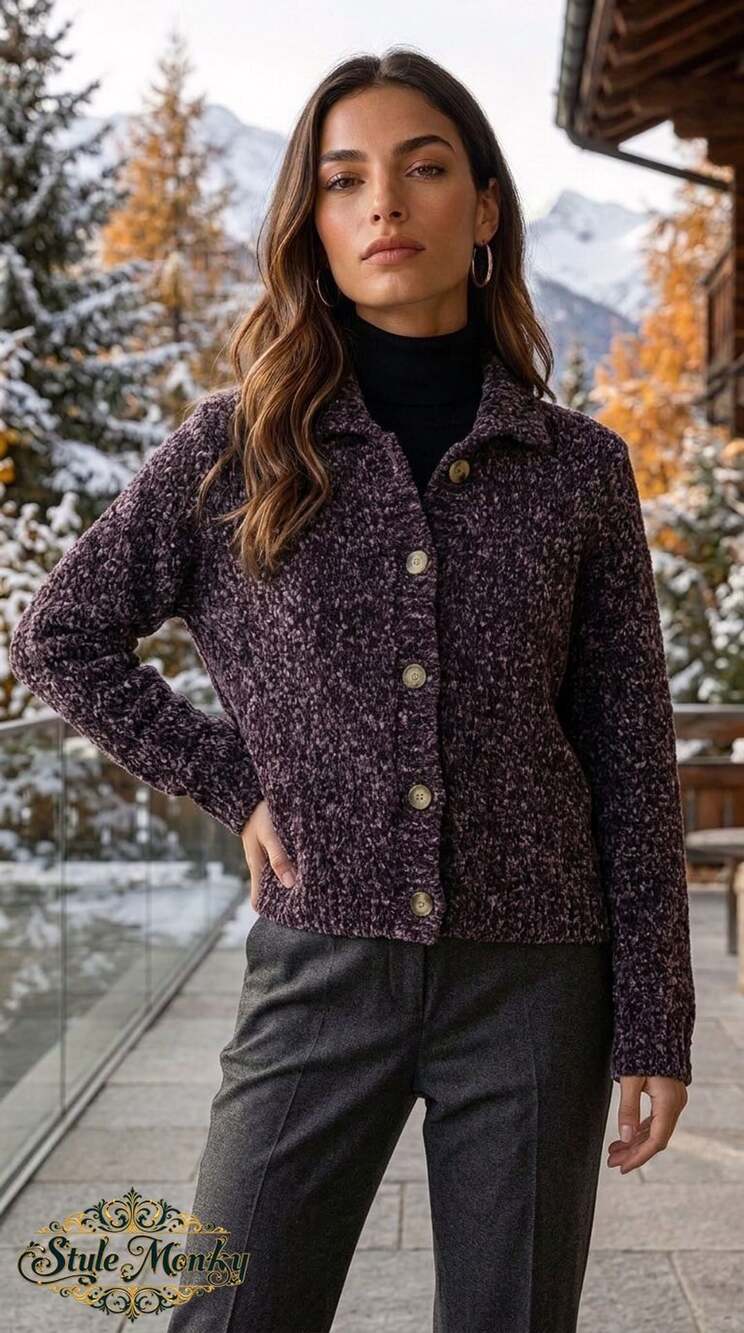 Gantos Cardigan Size S Purple Speckled Boucle Knit Button Up